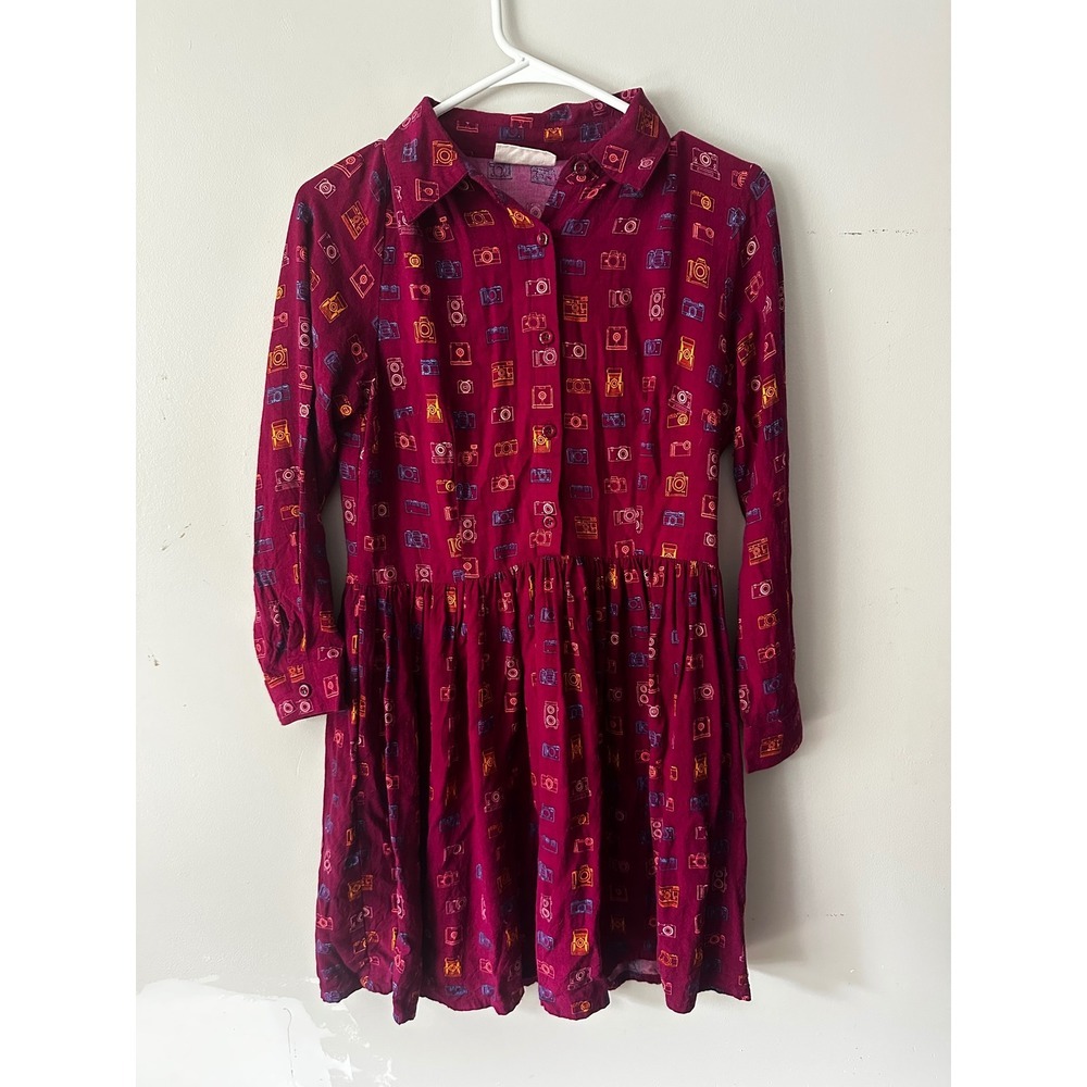 Circus Burgundy Vintage Camera Print Button Front Mini Shirt Dress UK 10 US S